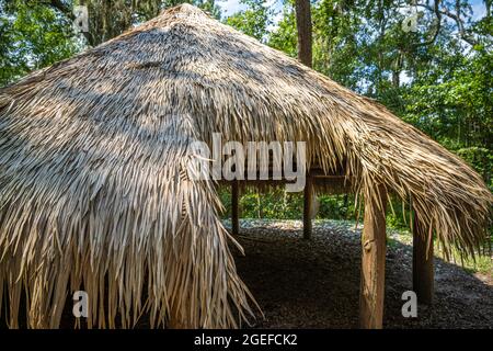 Replica of a Timucuan Indian shelter along the Huguenot Memorial Trail at Fort Caroline National Memorial in the Timucuan Preserve in Jacksonville, FL. Stock Photo