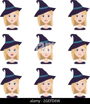 Set of facial expressions of a woman with blonde hair and blue eyes wearing a pointed witch hat. Different female emotions. Attractive cartoon character for Halloween fall holiday in costume Stock Vector