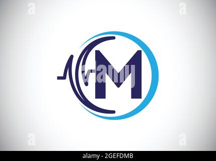 Initial M monogram alphabet with health Pulse. Heartbeat logo icon design vector. Font emblem. Logo for medical or health business, and company Stock Vector