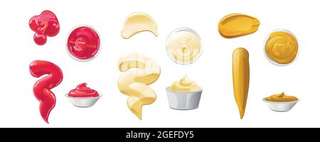 Ketchup, mayonnaise, mustard sauces splashes set. Realistic vector illustration isolated on white background. Stock Vector