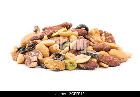 Mix of nuts and black olives isolated on a white background Stock Photo