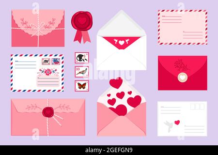 Collection of different envelopes, stamps and a seal Stock Vector