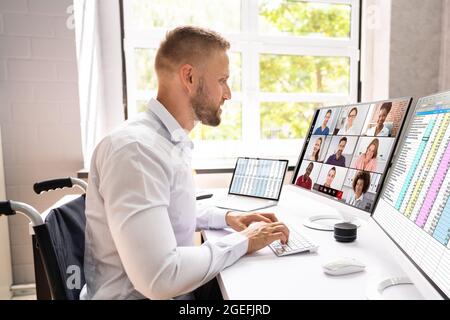 Online Virtual Videoconference Call Meeting. Man Working Stock Photo