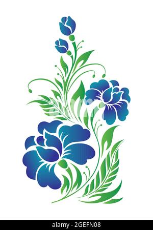Beautiful wild flowers drawing and sketch vector on white background. Hand drawn decorative blue flowers with green leaves. Decorative element. Stock Vector