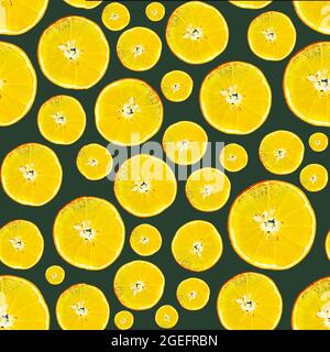 Citrus pattern. Orange slices on a dark green background. Tsukuta. Wallpaper. Stock Photo