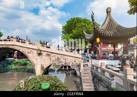 Old bridges over the Puhui River in Qibao Ancient Town, a historic water township of Qibao in the Minhang District of Shanghai, China Stock Photo