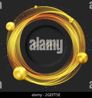 Black background with gold, round, transparent elements and gold balls. Gold glitter on a dark background. Stock Vector