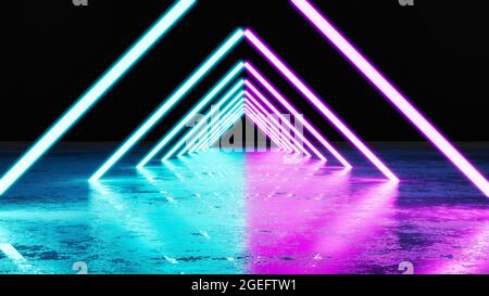 Triangles in different sizes inside one another, colored in pink and blue as neon lights. Stock Photo
