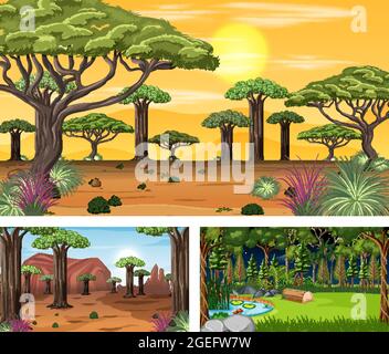 Set of different forest horizontal scenes illustration Stock Vector