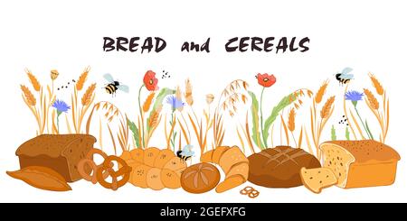 Bread and cereals background. Bakery production against backdrop with natural wheat and oat cereals, bees and field flowers, flat vector isolated on w Stock Vector