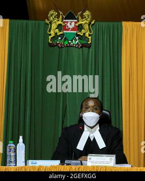 President of Kenya's Court of Appeal Daniel Musinga speaks during the ruling of the Building Bridges Initiatives (BBI) case, a key part of jostling ahead, of a presidential election due next year, at the Court of Appeal in Nairobi, Kenya August 20, 2021. REUTERS/Thomas Mukoya