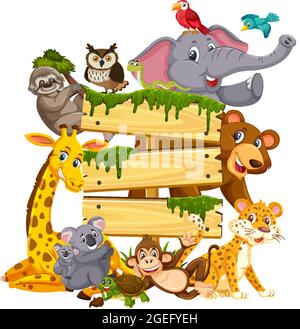 Empty wooden board with various wild animals in the forest illustration ...
