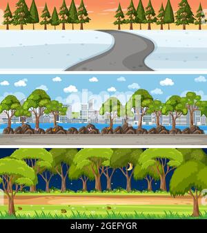Set of different nature horizontal scenes illustration Stock Vector
