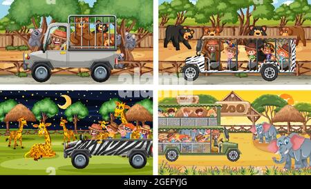 Set of different animals in safari scenes with kids illustration Stock Vector