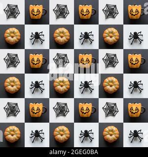 Seamless pattern of Halloween pumpkin, cobweb, spiders, coffee cup on gray and black background. Happy Halloween wallpaper and texture. Stock Photo