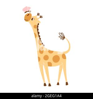 Cute cartoon baby giraffe playing with butterfly. Stylized pastel flat illustration for nursery decor. Poster design for children bedroom. Cool print Stock Vector