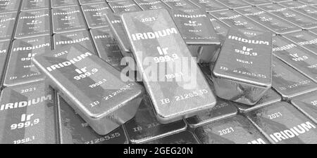 Iridium. Ingots of the highest standard. There are many ingots of 999.9 Fine Iridium bars. 3D illustration Stock Photo