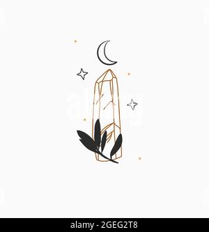 Hand drawn vector abstract stock flat graphic illustration with minimal logo element,bohemian magic line art of crystal,crescent and stars in simple Stock Vector