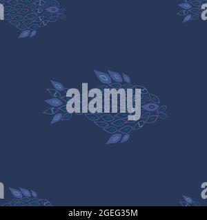 Unusual handdrown blue fish on dark blue background seamless pattern. Fish made of small parts, partly transparent. Pattern for textile, cards, backgr Stock Vector