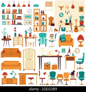 Furniture vector illustration set, home apartment or office interior Stock Vector