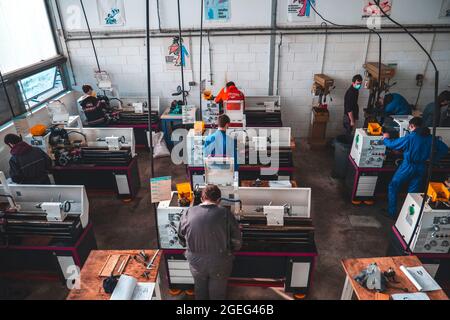 Technical college “Lycee Pierre Loti” in Paimpol (Brittany, north western France): students in the machining workshop. Maritime college preparing stud Stock Photo
