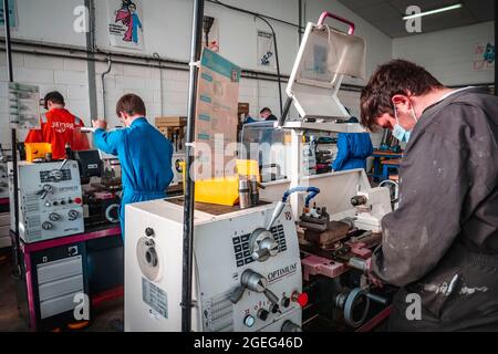 Technical college “Lycee Pierre Loti” in Paimpol (Brittany, north western France): students in the machining workshop. Maritime college preparing stud Stock Photo