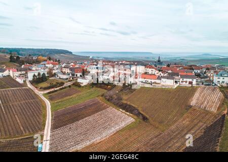Cramant (northern France): aerial view of the vineyards and the village in winter, in the heart of the “Cote des Blancs”, an area of Champagne vineyar Stock Photo