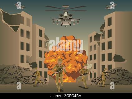 Atomic bomb explosion in destroyed city with broken buildings. Vector ...