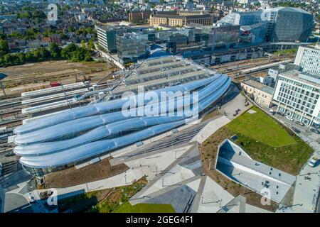 Rennes (Brittany, north western France): aerial view of the railway station, part of the EuroRennes urban development project. The building was design Stock Photo