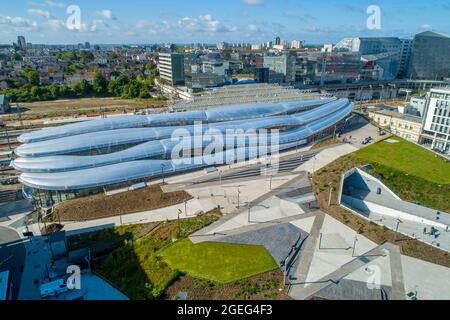 Rennes (Brittany, north western France): aerial view of the railway station, part of the EuroRennes urban development project. The building was design Stock Photo