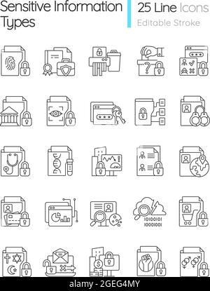 Sensitive information types linear icons set Stock Vector