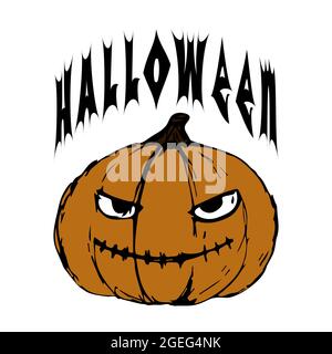 Halloween lettering hand drawing pumpkin sketch doodling, isolated, white background, for Halloween design. Vector illustration Stock Vector