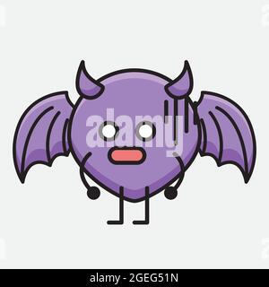 Vector Illustration of Devil Bat Character with cute face and simple body line drawing on isolated background Stock Vector