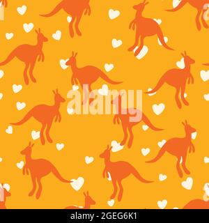 Vector flat illustration with silhouette kangaroo and baby kangaroo on fiery background. Seamless pattern on orange background. Design for card Stock Vector