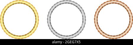 Cord or rope circle set in gold, silver, bronze as vector. Stock Vector