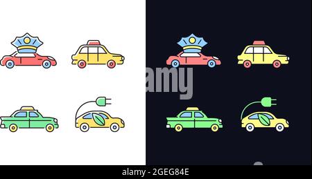 Taxi booking light and dark theme RGB color icons set Stock Vector