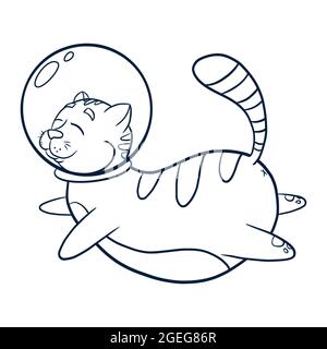 Line Art Cat Astronaut Illustration. Flying cosmic animal icon for kids graphic tees, prints, logo, coloring book and nursery decor Stock Vector