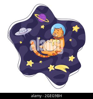 Cute Cat Cosmonaut Hugging a Star Cartoon Illustration. Hand Drawn animal astronaut sketch for logo, nursery decor, kids graphic tees, prints, stickers Stock Vector