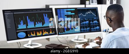 African Advisor Using KPI Dashboard With Financial Analytics Graphs Stock Photo
