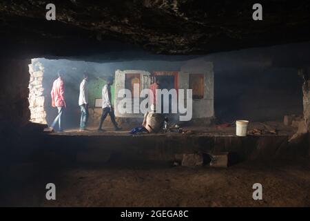 People waiting for blessing of Lord Shiva at Temple in Dhodap fort, Nashik, Maharashtra, India. Stock Photo