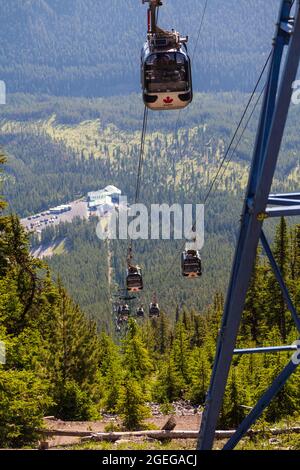 View of the gondola taking up to the Sulphur mountain top in the Banff National park region of Alberta. Stock Photo