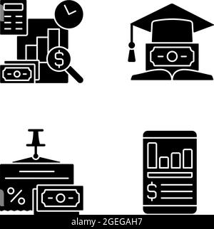 Investment black glyph icons set on white space Stock Vector