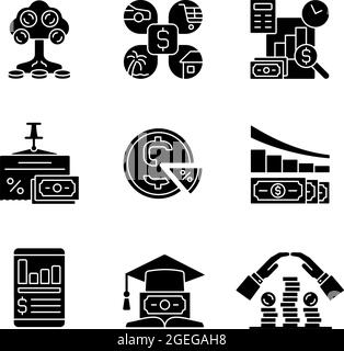 Finance black glyph icons set on white space Stock Vector