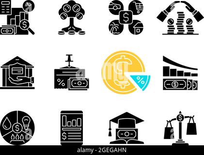 Financial literacy black glyph icons set on white space Stock Vector