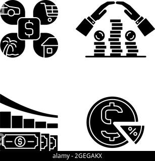Money spending black glyph icons set on white space Stock Vector