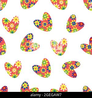 Seamless colorful love heart vector pattern in boho style. Bright flower red green blue yellow hearts on white backdrop. Simple folk art floral heart Stock Vector