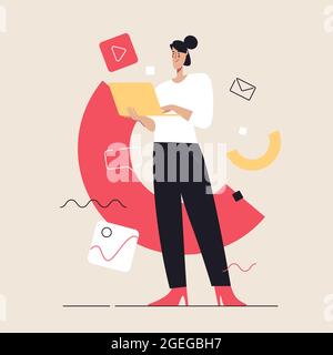 Business concept flat style outline vector illustration on the subject of social media content, communication. Editable stroke Stock Vector