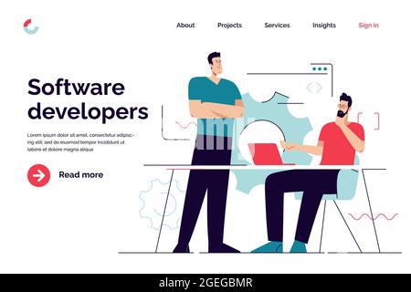 Business concept flat style outline vector illustration on the subject of software development. Editable stroke Stock Vector