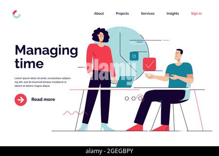Business concept flat style outline vector illustration on the subject of time management. Editable stroke Stock Vector