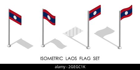 isometric flag of Lao People Democratic Republic in static position and in motion on flagpole. 3d vector Stock Vector